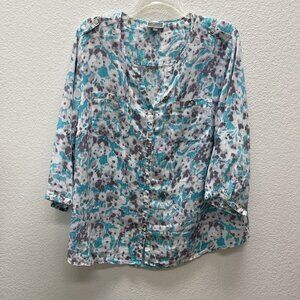 JM Collection Womens 22W Shirt Top Blouse Plus 100% Linen Button Down Print.